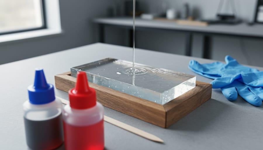 Close-up of a clear epoxy resin pour in a wooden mold on a workbench with mixing tools and two resin components nearby.