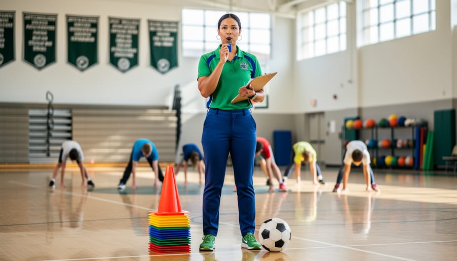 PE teacher standing in a school gym court beside training cones and a soccer ball, with students stretching in the background.