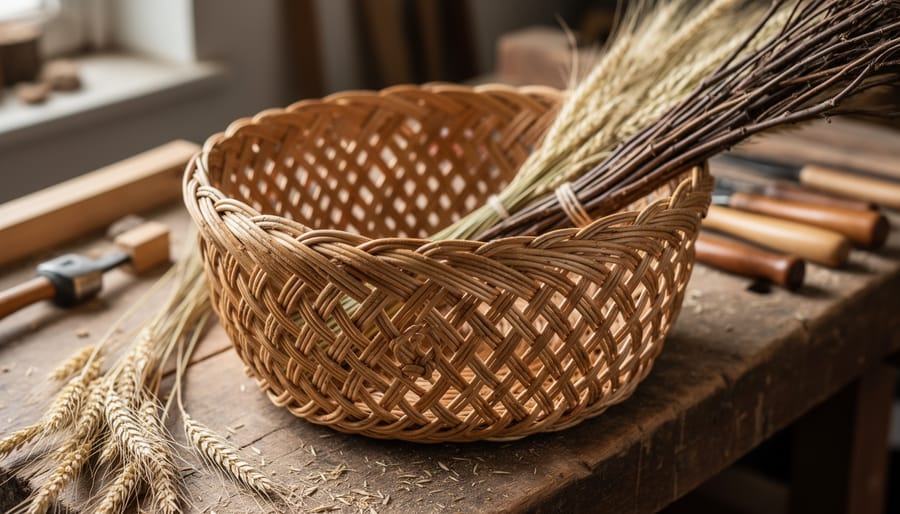 “Close-up of a finished handwoven natural reed basket on a rustic wooden table with loose reeds and basket-making materials nearby.”