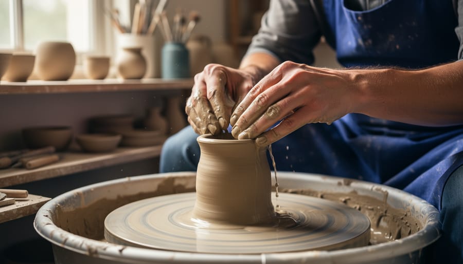 Hands shaping wet clay on a workshop table with sculpting tools nearby
