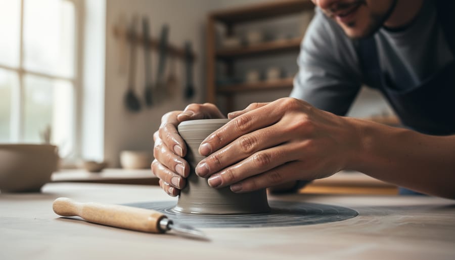 “Beginner’s hands molding wet clay on a workshop table with sculpting tools nearby and an instructor softly visible in the background.”