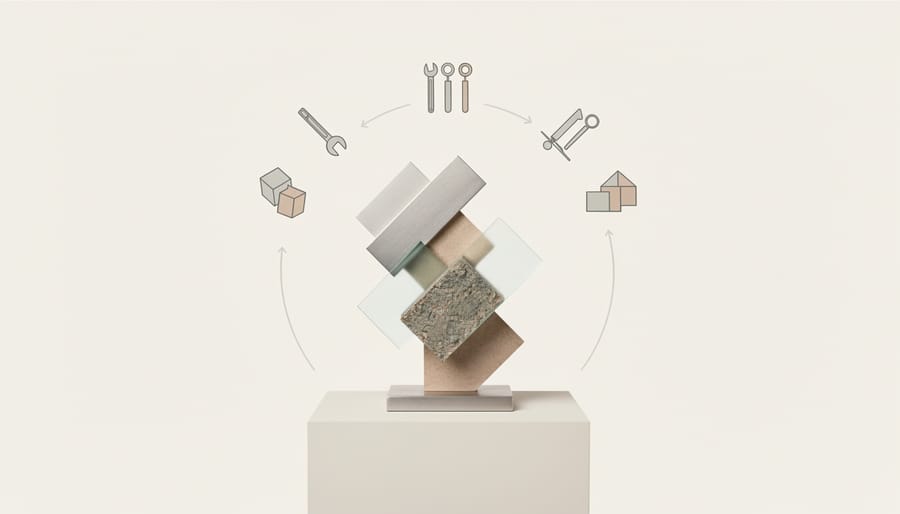 Finished mixed-media sculpture with metal and wood textures displayed in a workshop