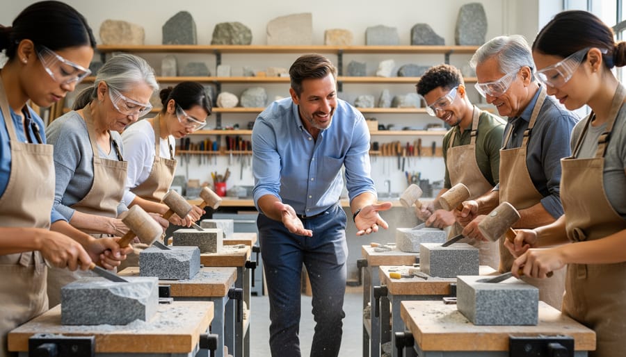 People carving stone sculptures at workbenches in a sculpture workshop studio