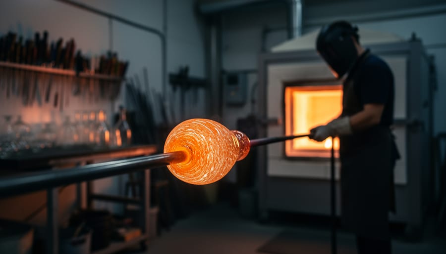 Molten orange glass glowing on a blowpipe in a glassblowing studio, with a glassblower and furnace tools in the background.