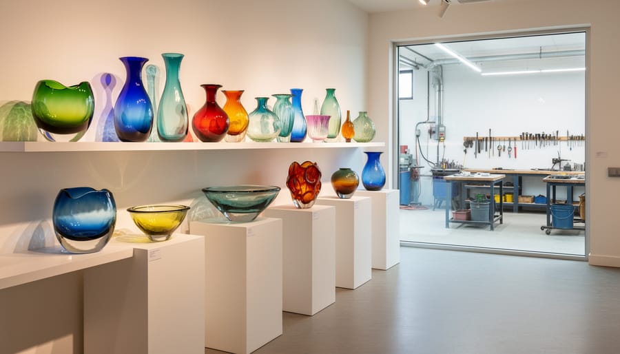 Colorful finished glass vessels and vases displayed on a studio shelf
