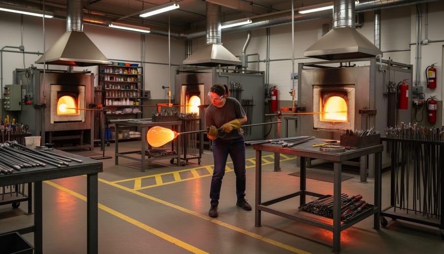 Glowing furnace and glass studio tools with a crafted glass piece in the foreground