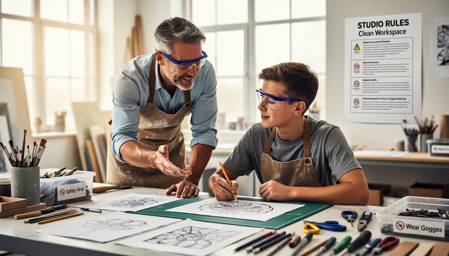 Instructor and student in protective gear preparing to work in a glassblowing studio