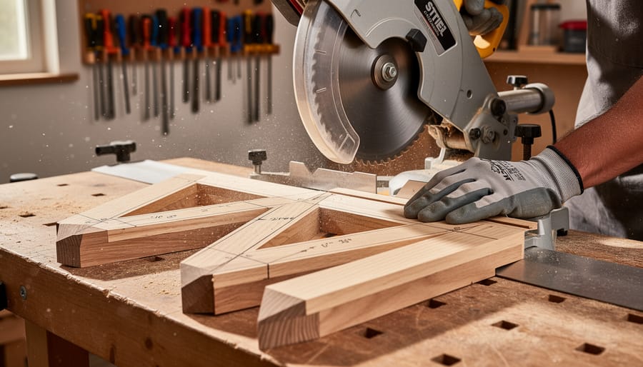 Miter saw cutting an angled wooden brace in a workshop with focused attention on the cut area