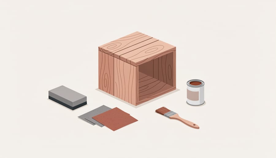 A simple wooden shelf or stool on a workbench with sandpaper and finishing supplies nearby.
