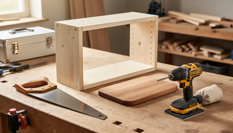 Woodworking beginner project on a workbench with a wall shelf and cutting board, plus a saw, drill, and sander in soft natural light.