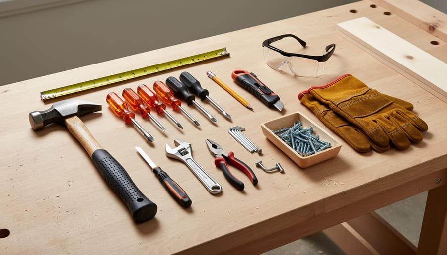 Beginner woodworking tools arranged on a workbench, including a drill, saw, chisels, measuring tape, and square.