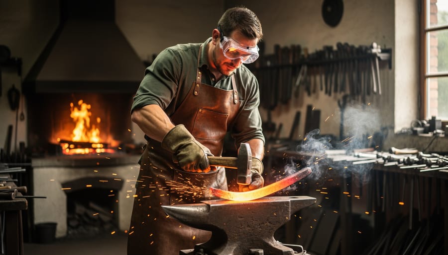 Blacksmith shaping glowing red-hot steel on an anvil in a forge workshop