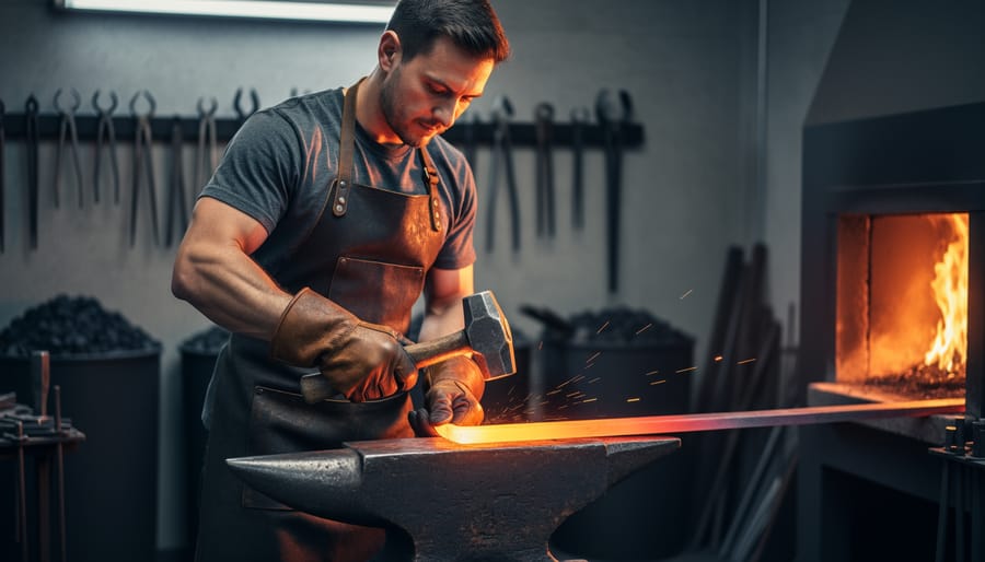 Beginner blacksmith in protective gear holding a hammer above glowing steel at an anvil near a lit forge in a workshop