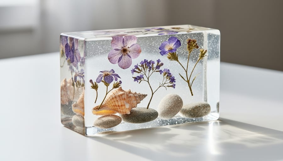 Clear epoxy resin countertop with embedded seashells and dried flowers beneath glossy surface