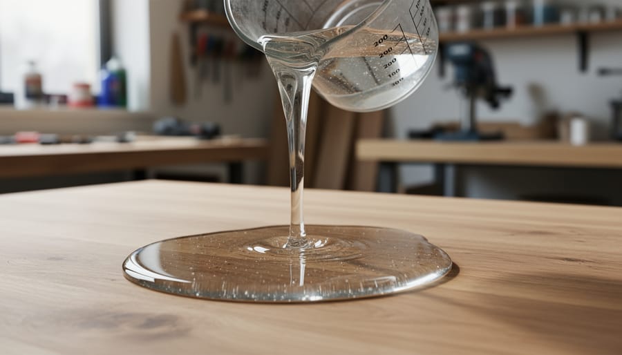 Clear epoxy resin pouring into a transparent casting mold on a workshop bench