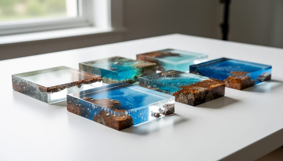 Finished glossy cured epoxy coaster and resin pendant on a wooden tray in warm workshop light
