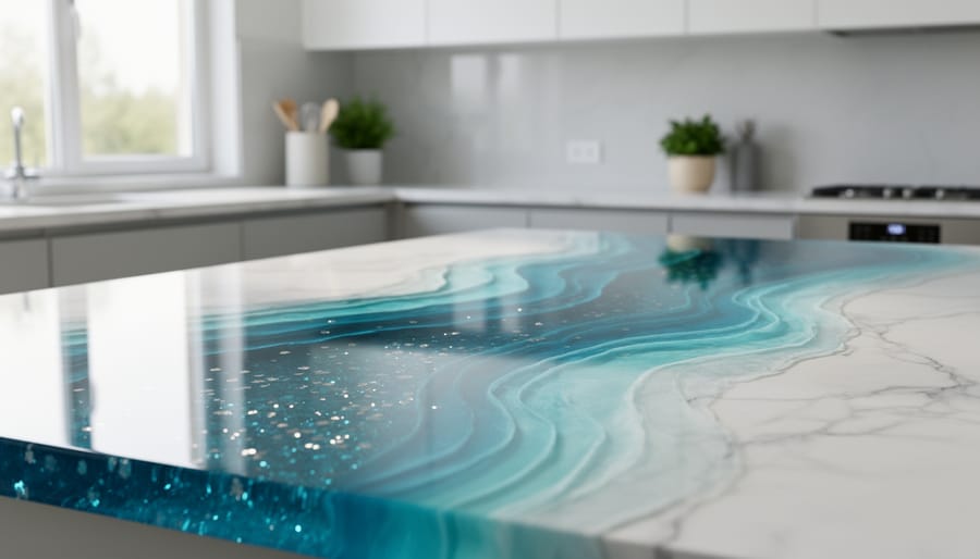Glossy epoxy resin countertop with ocean-blue swirls, subtle metallic flecks, and marble-like veining in a bright modern kitchen setting.