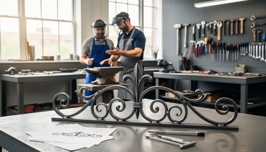 Decorative wrought iron scrollwork piece on a workbench with workshop tools blurred in the background