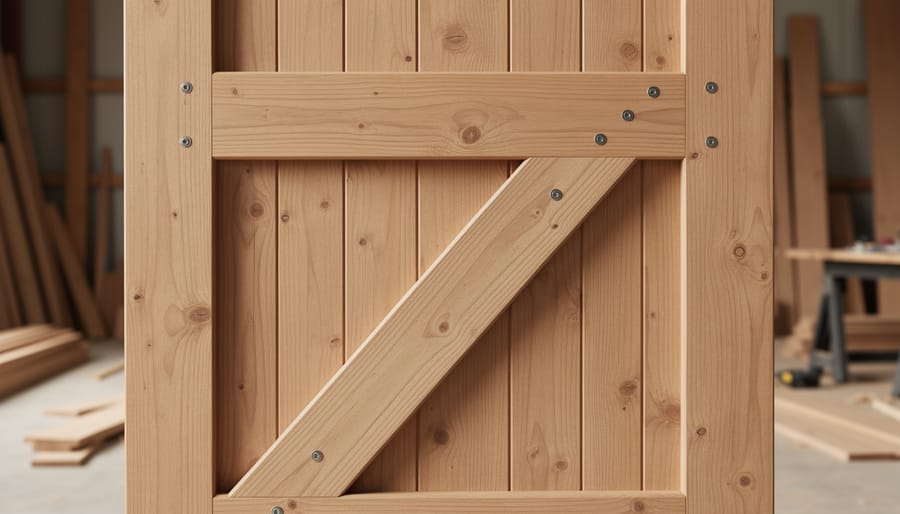 Finished Z-braced wooden door frame section with diagonal support visible