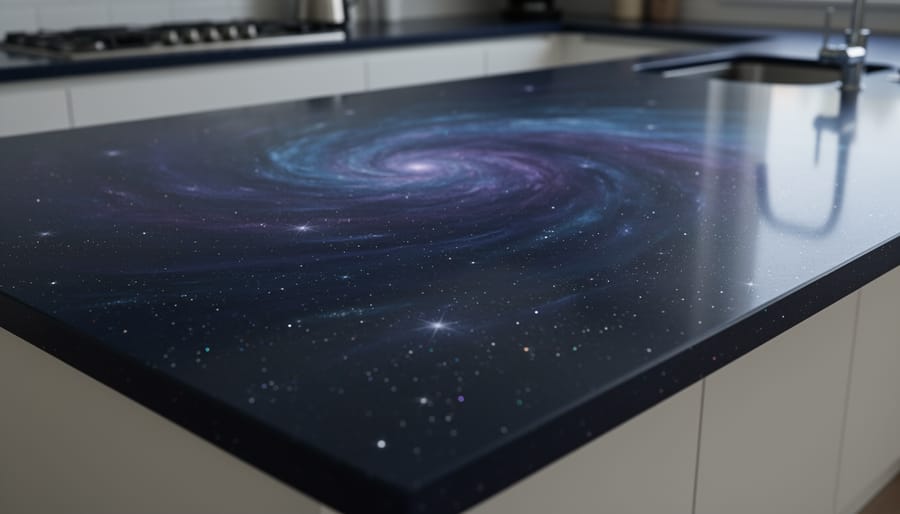 Galaxy and cosmic swirl epoxy resin countertop with deep purple and blue nebula patterns