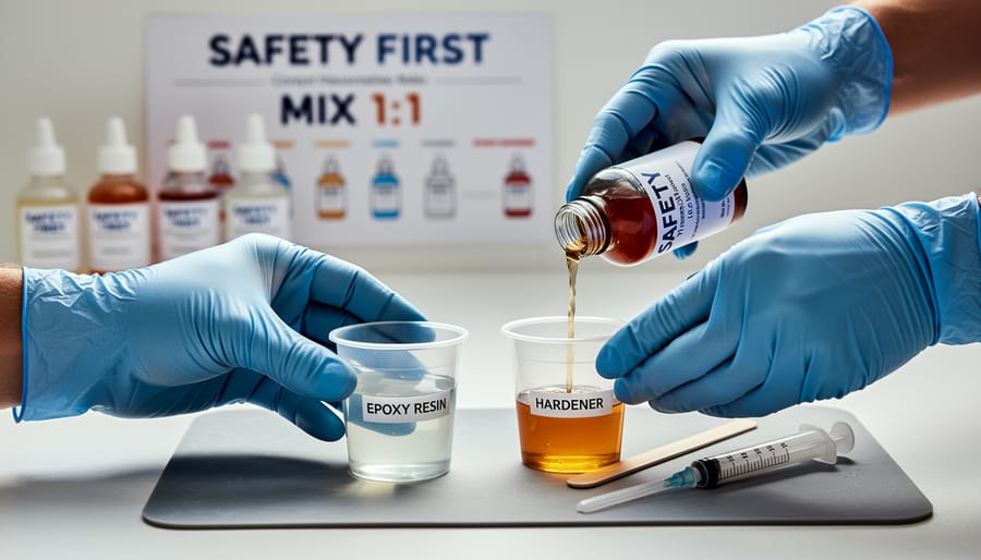 Gloved hands holding mixing cups of epoxy resin and hardener on a crafting workbench