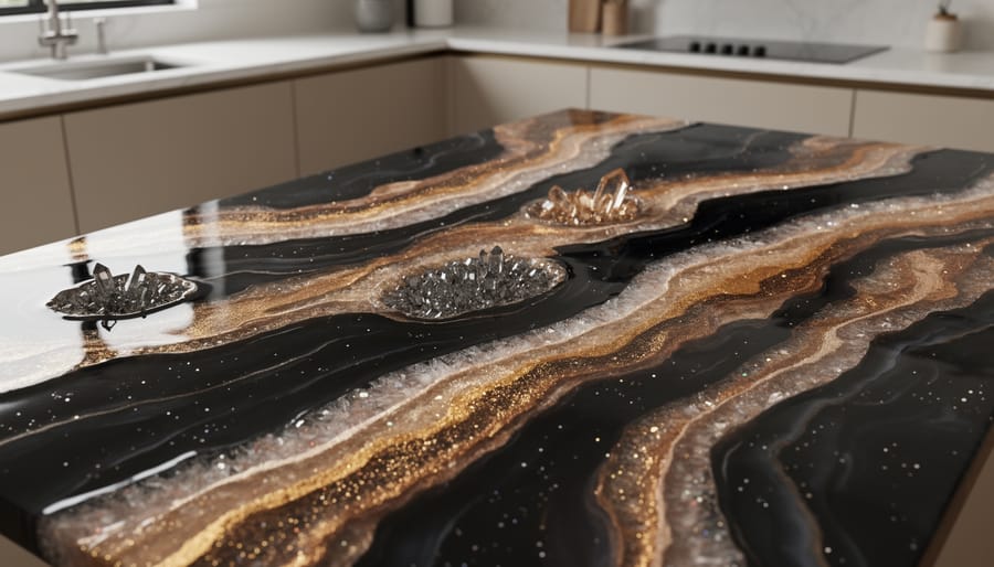 Metallic gold and black geode style epoxy resin countertop with crystallized edges