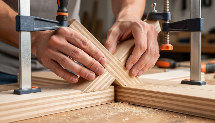 Beginner woodworker clamping and fitting a diagonal brace onto a wooden frame