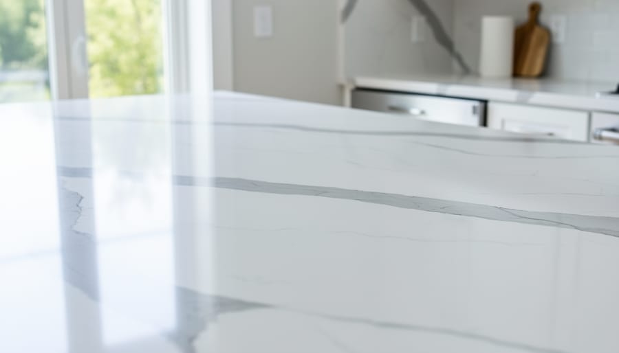 Faux marble veining look epoxy resin countertop with white, gray, and subtle metallic streaks