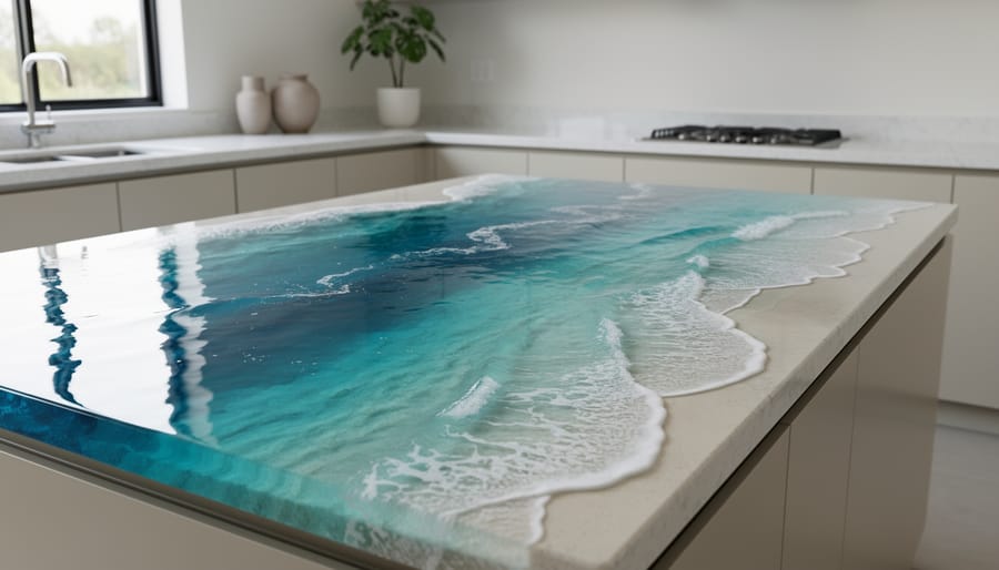 Ocean-wave style epoxy resin countertop with blue and turquoise swirls and white foam-like accents in a bathroom