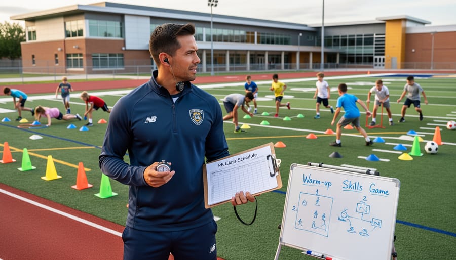 PE teacher holding a stopwatch and clipboard while students warm up in a school gym