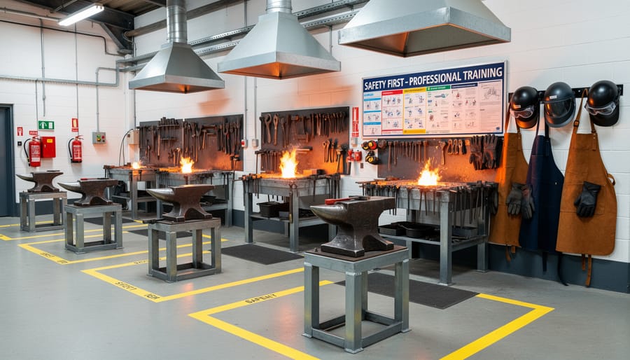 Students in protective gear working in a well-equipped blacksmithing classroom with visible forge area