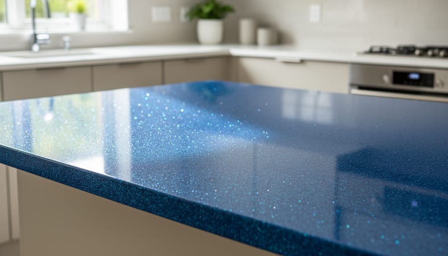 Emerald green glitter-infused solid color epoxy resin countertop