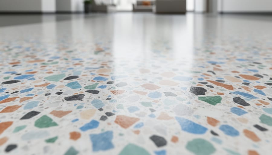 Terrazzo-inspired epoxy resin countertop with embedded multicolored chips