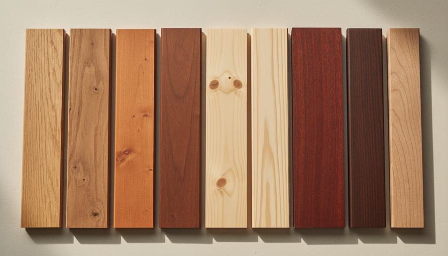 Wood boards of different types laid out with visible grain patterns in a workshop setting.