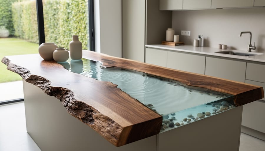 Wood and resin river design epoxy countertop with live-edge slab and clear flowing resin center