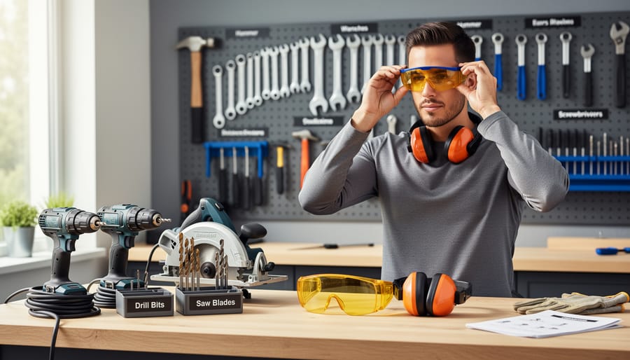 Beginner woodworker wearing safety glasses, hearing protection, and a dust mask beside a clamped wood piece and drill press.