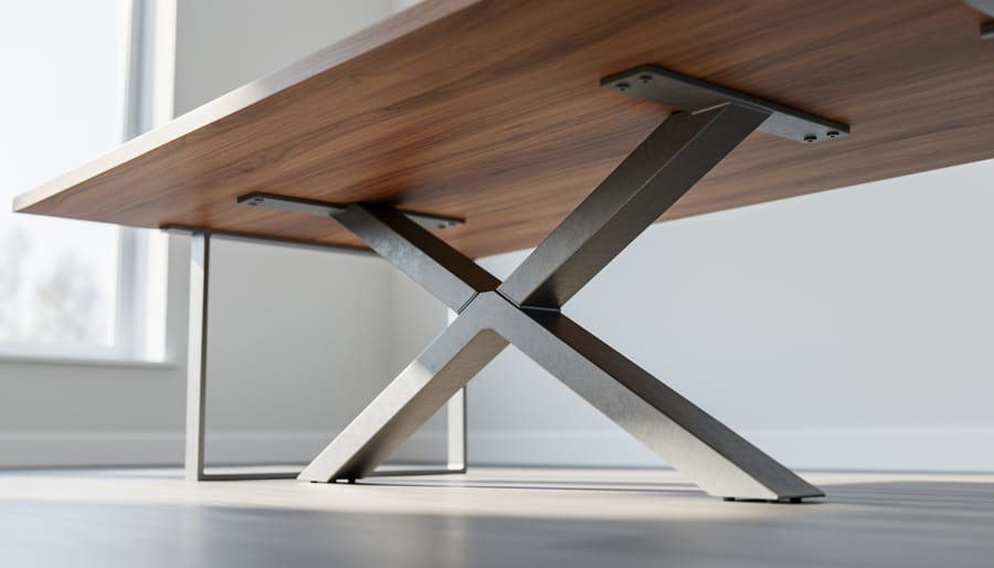 Wooden tabletop underside with Z-shaped diagonal braces and clamps visible in a workshop