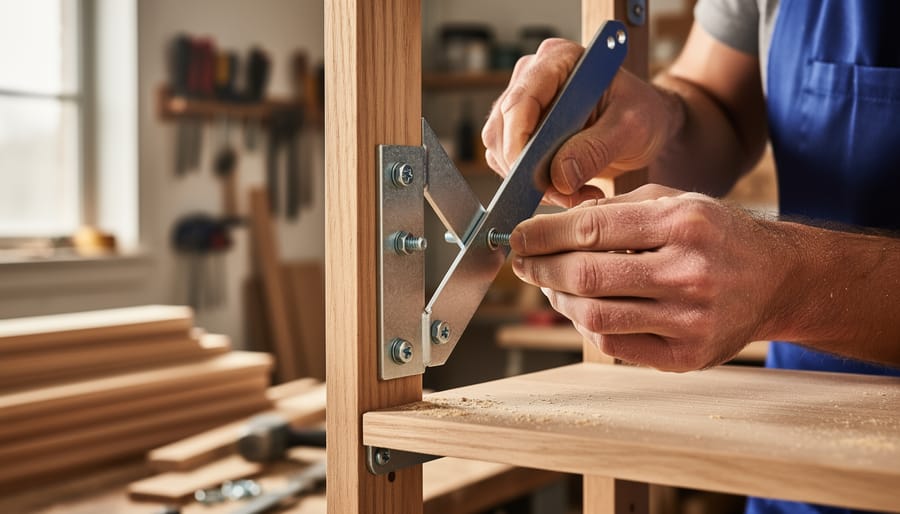 “Woodworker hands fitting a diagonal Z-brace bracket onto an unfinished wooden bookcase frame in a workshop.”