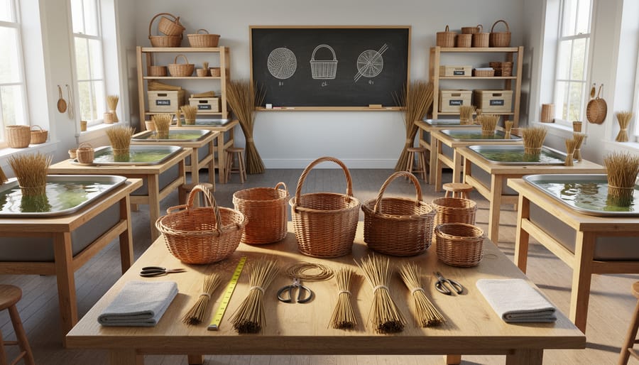 Basket making classroom table with soaking reeds and weaving tools arranged for students