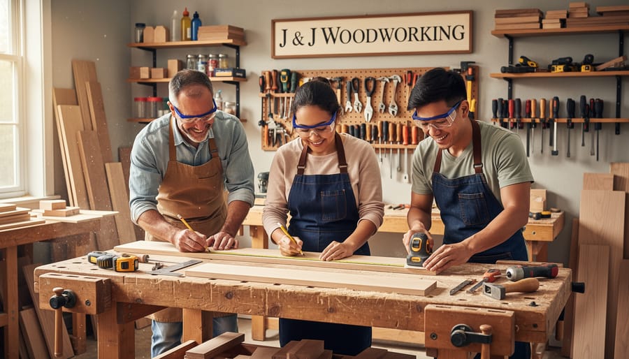 Beginner woodworkers collaborating at a workbench while preparing a wooden project plank.