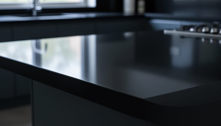 Close-up of a smooth, glossy black resin countertop with reflective highlights and a blurred kitchen background.