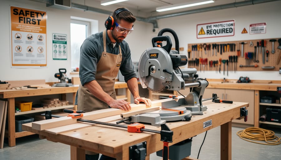 Woodworker using a circular saw with safety glasses and a visible blade guard while cutting plywood.