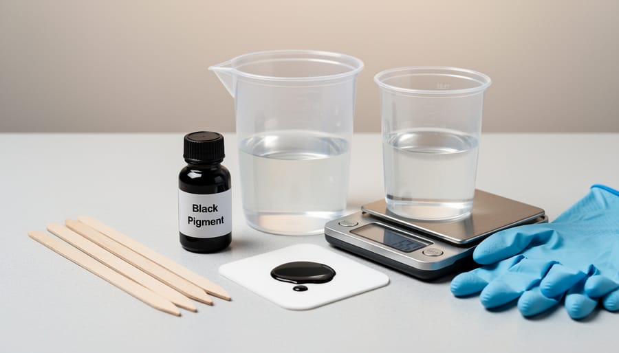 Tools and epoxy resin mixture for making black resin countertop, including measuring cups, scale, gloves, and goggles.
