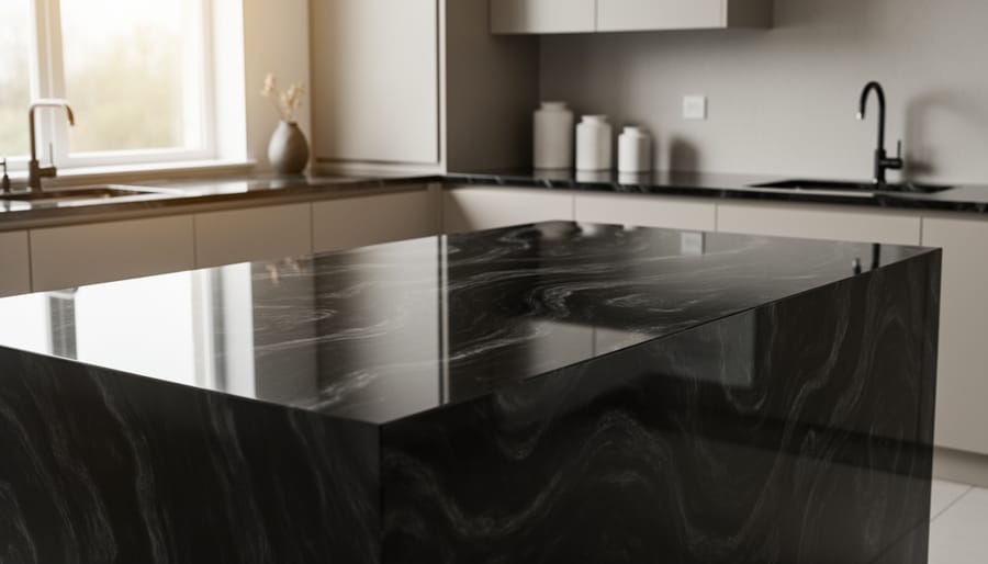 Glossy finished black resin countertop in a modern kitchen with subtle marbling reflections.