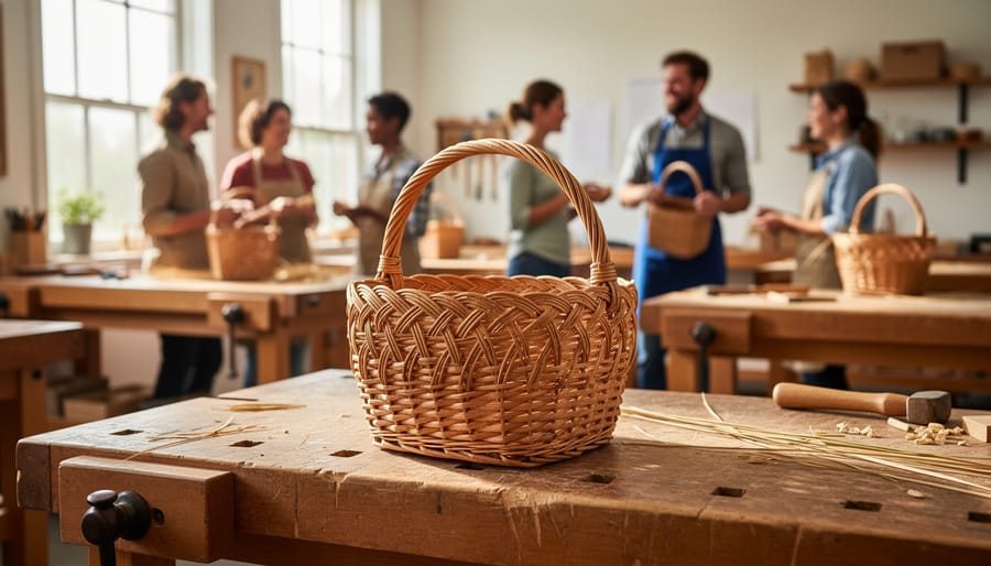 Finished woven basket on a workbench with tools nearby in a basket making workshop