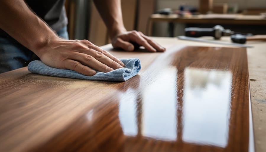 Macro close-up of sanding and wiping a cured black resin countertop to achieve a smooth glossy surface.