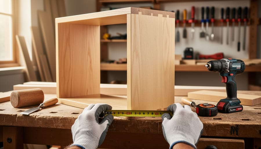 Gloved hands measuring and working on a beginner’s wooden bookshelf frame on a workshop workbench with common hand tools and a cordless drill nearby.