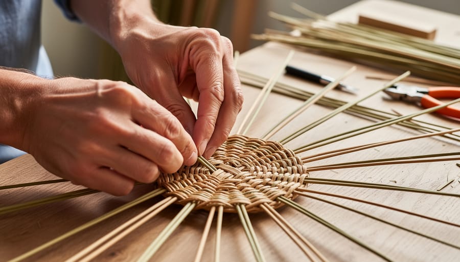 Instructor and student hands working on a woven basket base with reeds