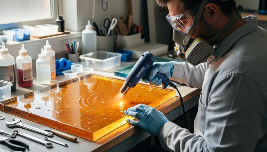 Person wearing safety goggles and gloves using a heat gun over a black resin surface in a ventilated workspace.