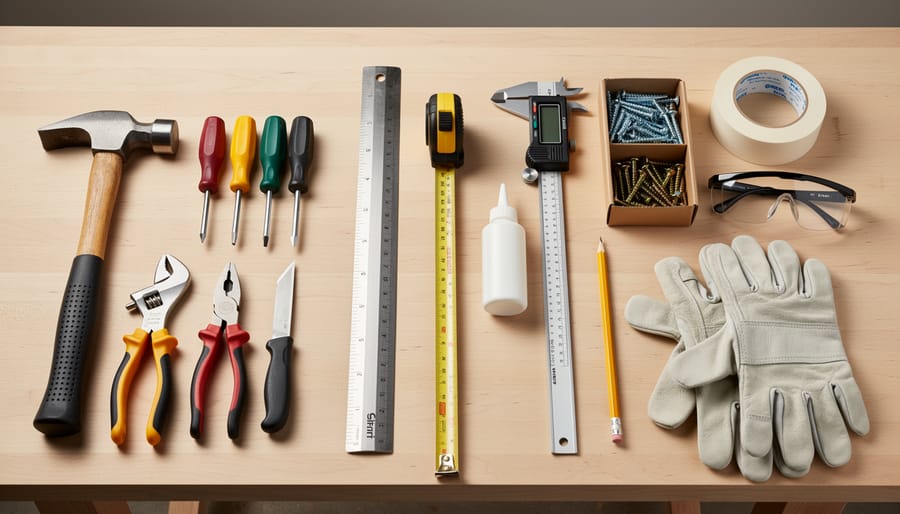 Woodworking tools and safety glasses neatly arranged on a workbench for beginners.
